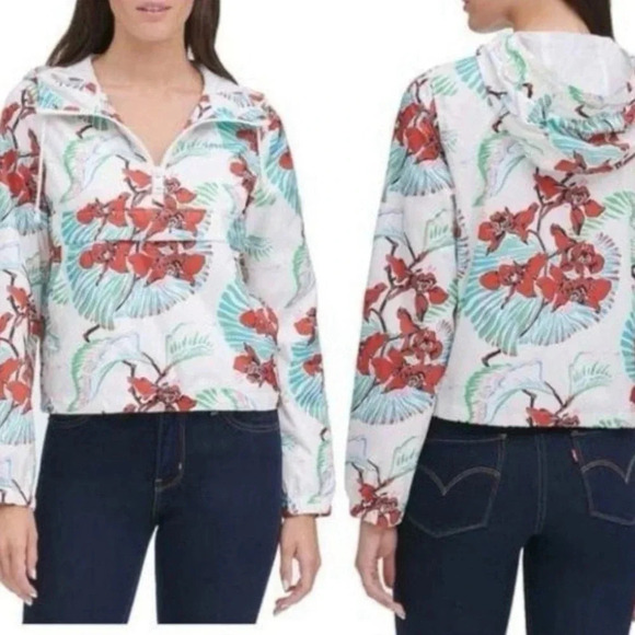 Levi’s | Floral cropped nylon quarter zip jacket Women’s size XS oversized hood - Picture 1 of 12